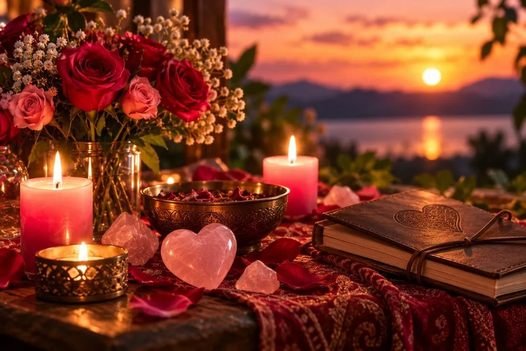 Candlelit love spell ritual altar with roses, crystals and heart-shaped rose quartz