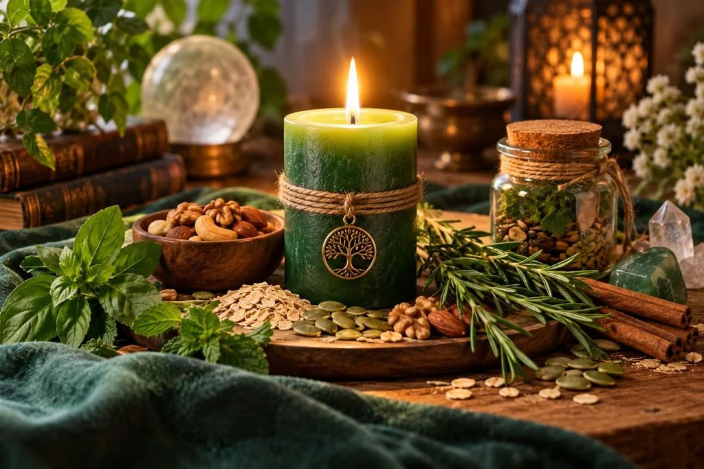 Ritual journal, herbs and seeds for weight gain spells and body intentions