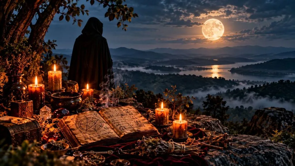 Death curse ritual folklore scene with grimoire, candles and full moon