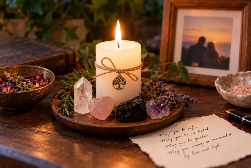 Simple protection spell for a loved one with candle, protective crystals and herbs