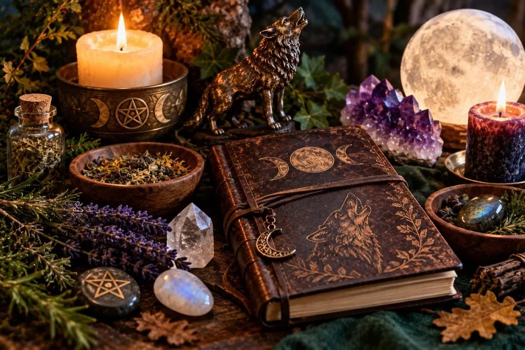 Symbolic werewolf transformation ritual with wolf figure, candle, crystals and moonlight