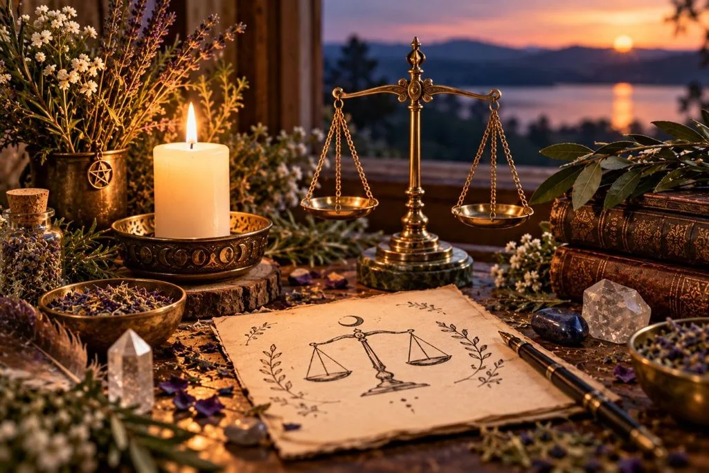 Justice spell ritual with balanced scales, candle, herbs and written intention