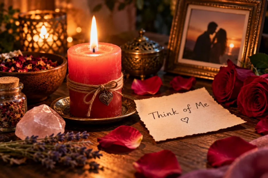 Candle and rose ritual setting for a think of me spell