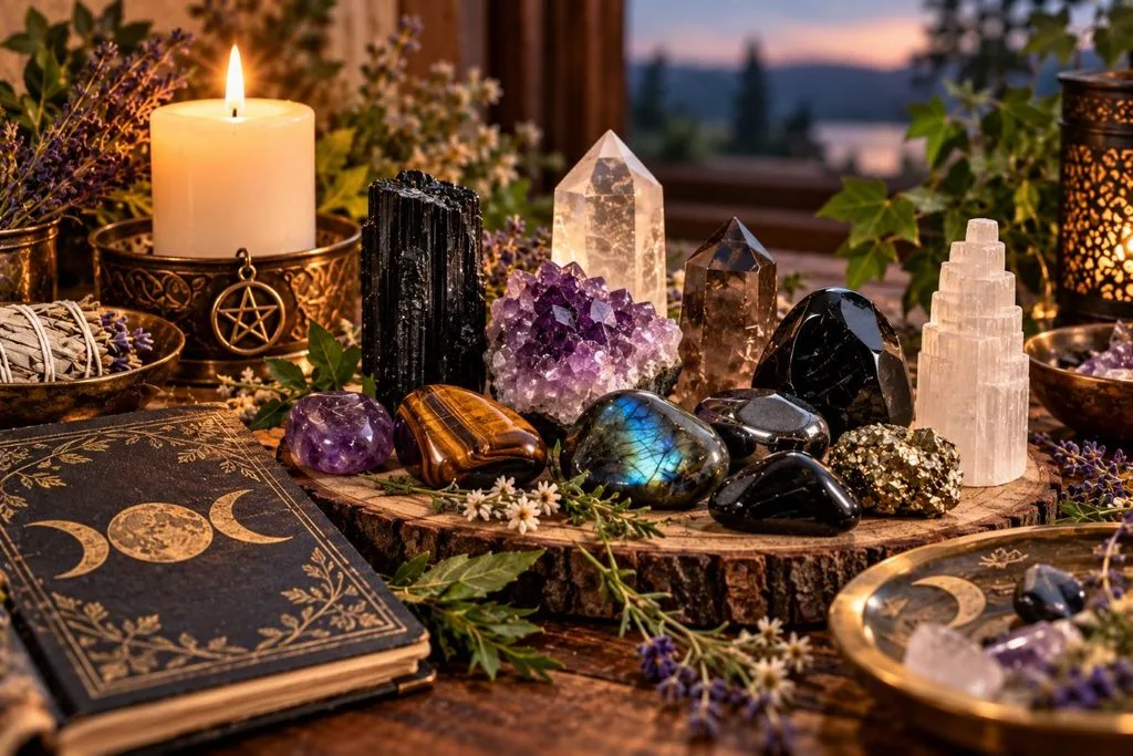 Protection crystals arranged with candles, herbs and a spiritual journal for grounding