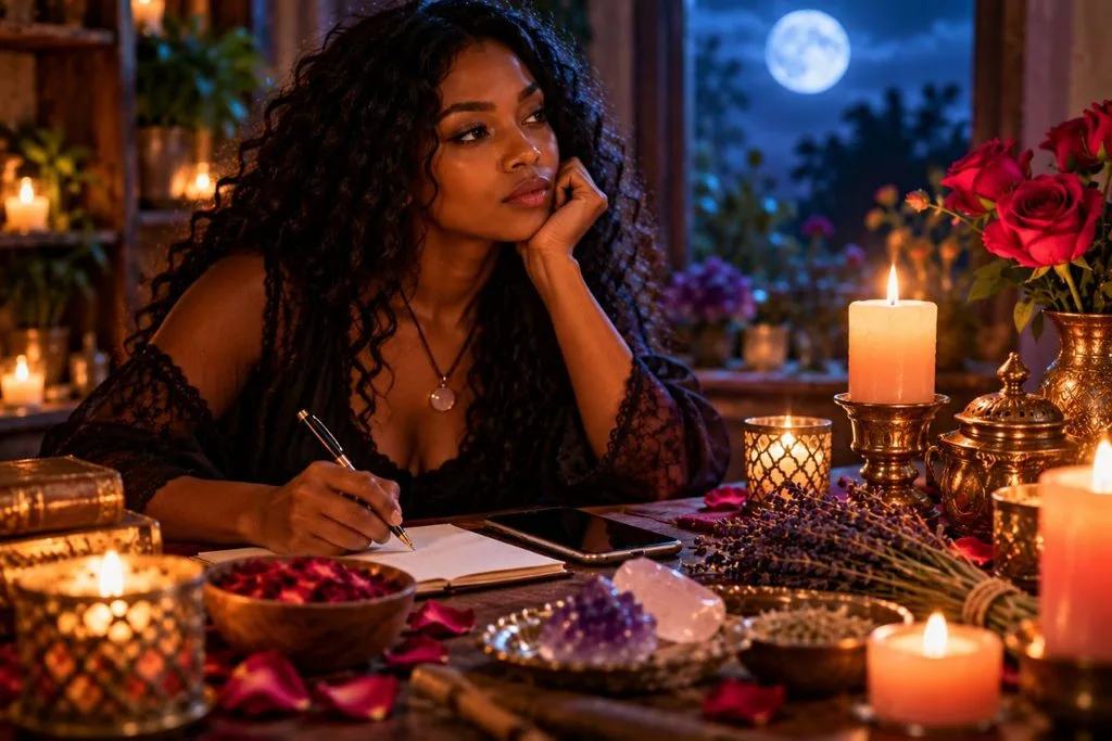 Woman reflecting on an open letter during a contact me ritual for reconnection
