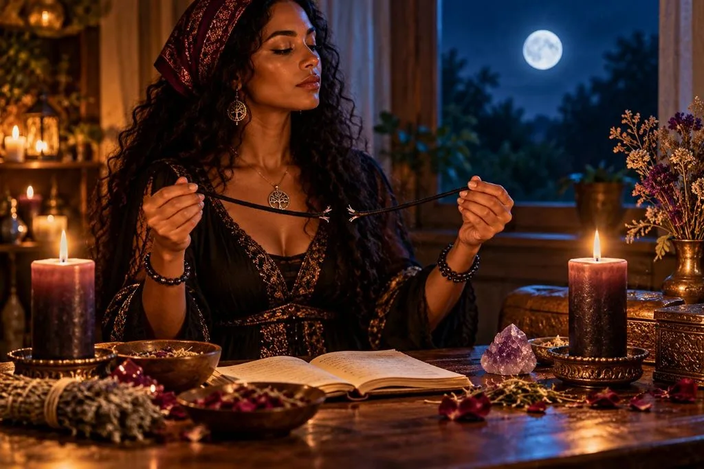 Woman holding a separated black cord during a candlelit cord-cutting ritual