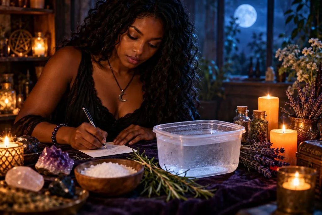 Woman writing a freezer spell intention beside a water container and ritual candles