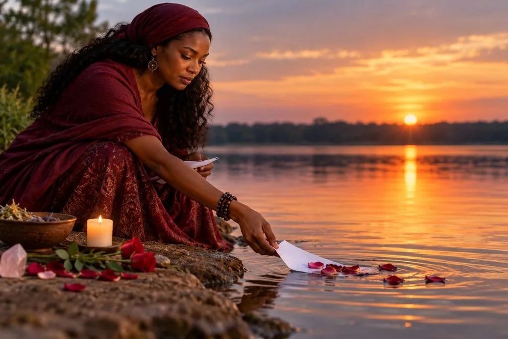 Woman performing a symbolic breakup release ritual beside a lake at sunset