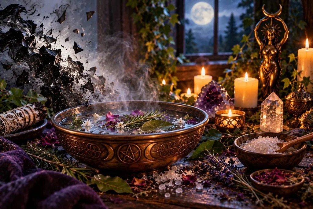 Hex removal cleansing ritual with salt, herbs, water and full moon