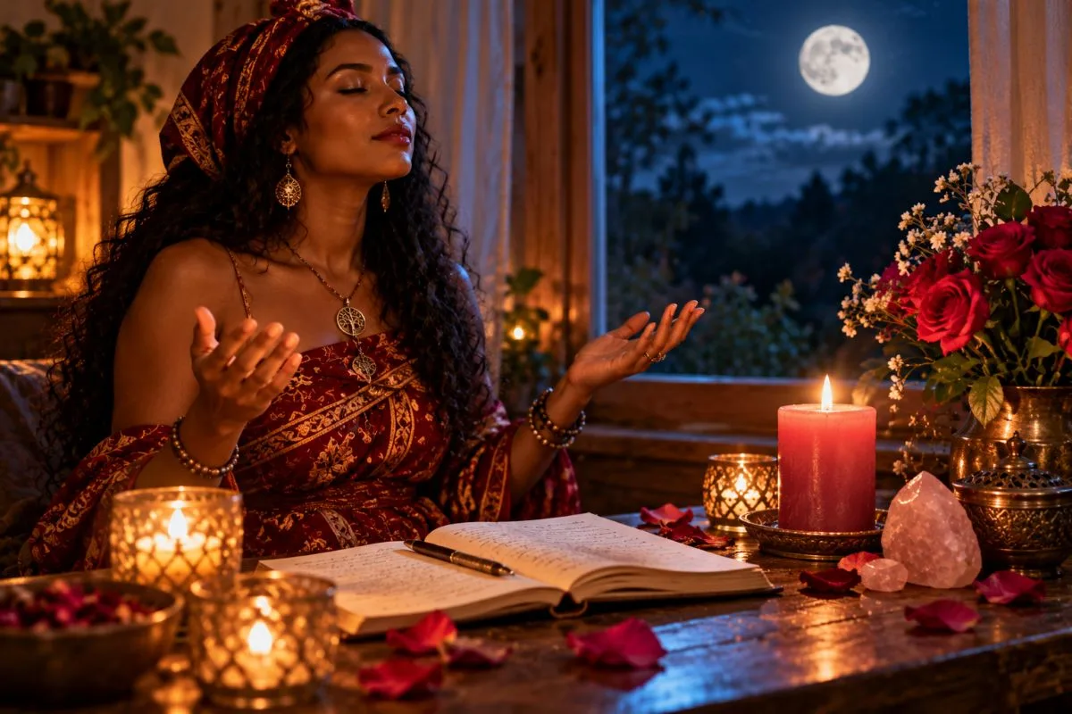 Woman practicing love spell chants beside candles and roses