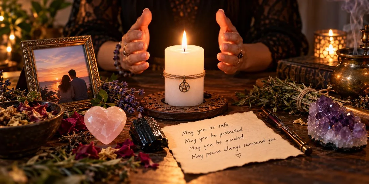 White candle, rose quartz and black tourmaline for a protection spell for a loved one