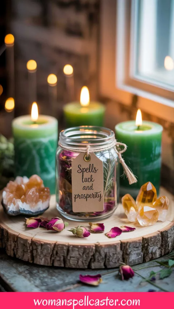 Essential tools for a good luck prosperity spell, including green candles, citrine crystals, basil, and a mason jar.