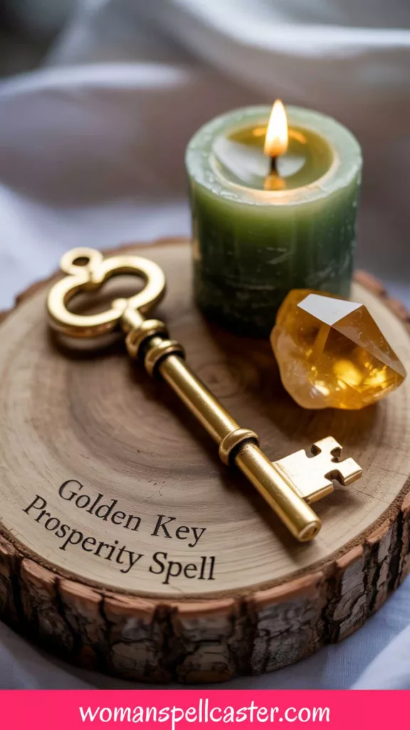 Golden key prosperity spell setup with a green candle, citrine crystal, and cinnamon oil for a good luck and prosperity spell.