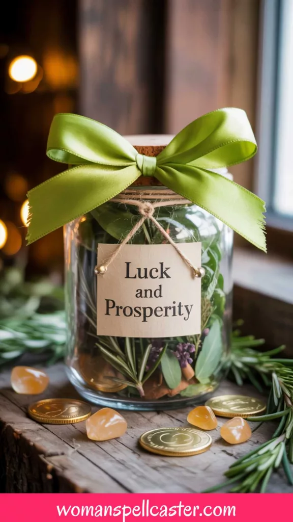 A decorated luck and prosperity spell jar with green ribbon and herbs.