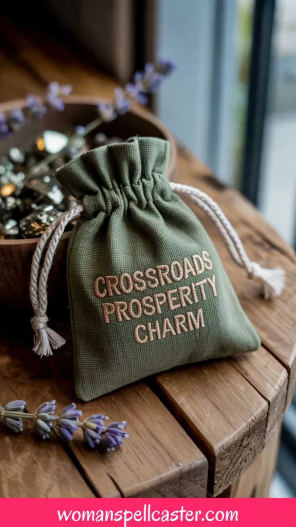 Crossroads prosperity charm pouch with pyrite, basil, and mint for a good luck prosperity spell.