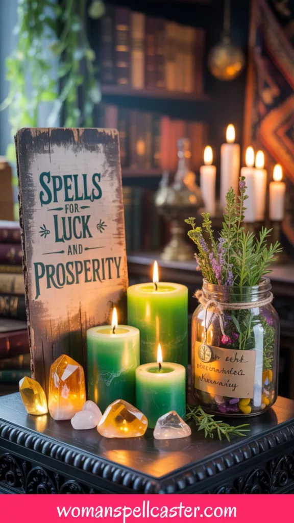 A magical altar setup for a good luck and prosperity spell, featuring green candles, citrine crystals, and a luck and prosperity spell jar.