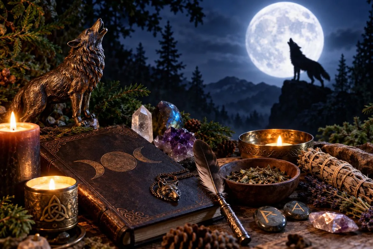 Werewolf spell ritual with wolf symbolism, candles, crystals and moonlight