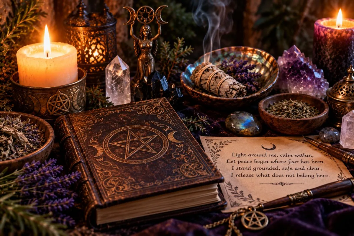 Protection spell chant ritual with candles, crystals and spiritual symbols