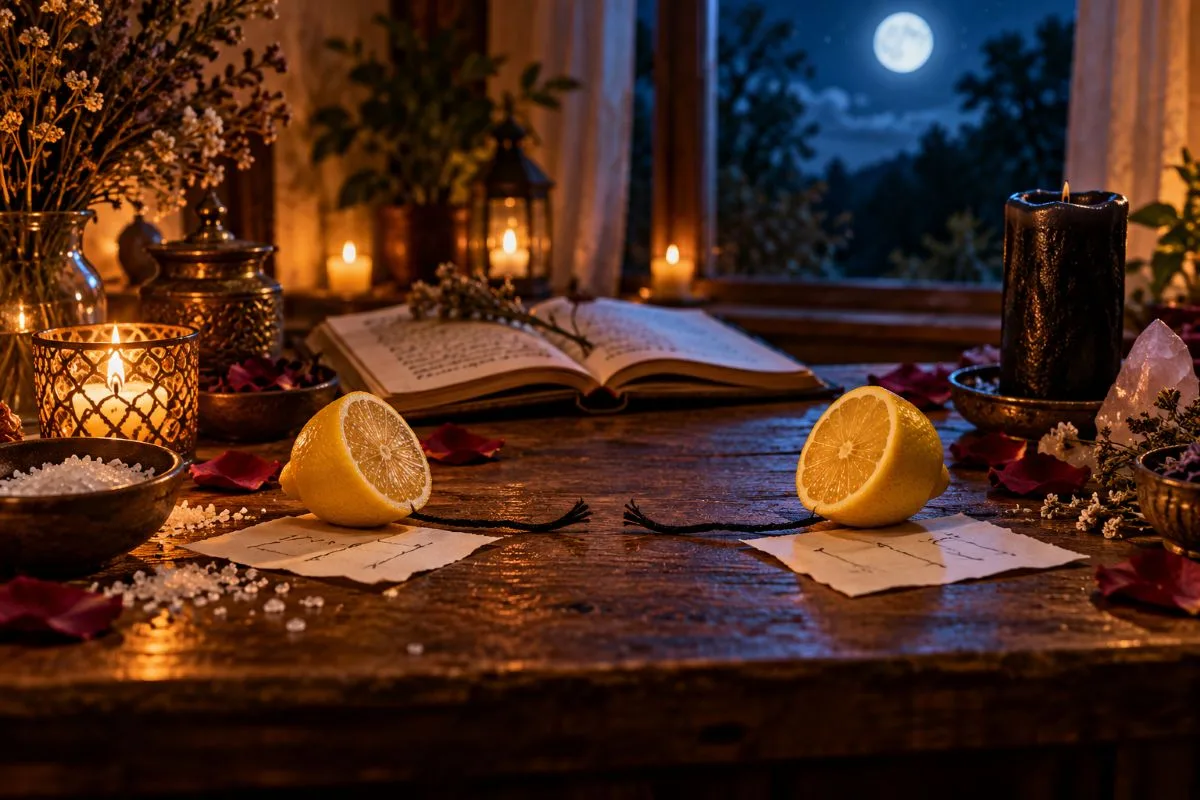 Lemon separation ritual with candles, salt and black thread on a mystical altar