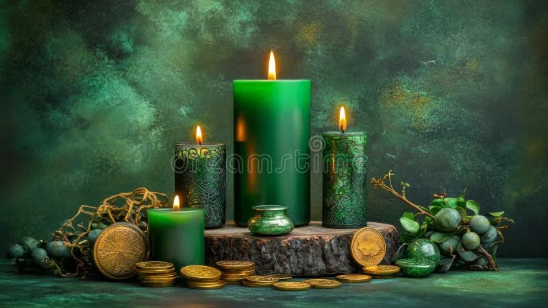 Green candle with coins and clovers for witchcraft spells for luck.
