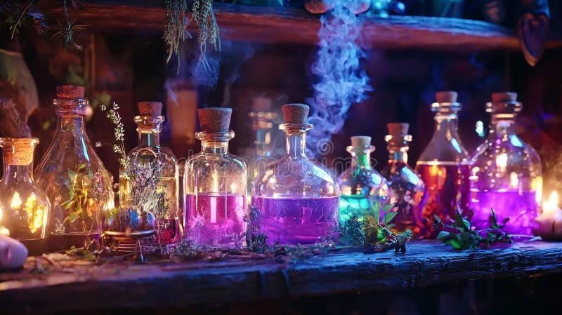 Mystical glowing witchcraft potion bottles with colorful liquids and herbs on a wooden table – perfect witchcraft potions aesthetic